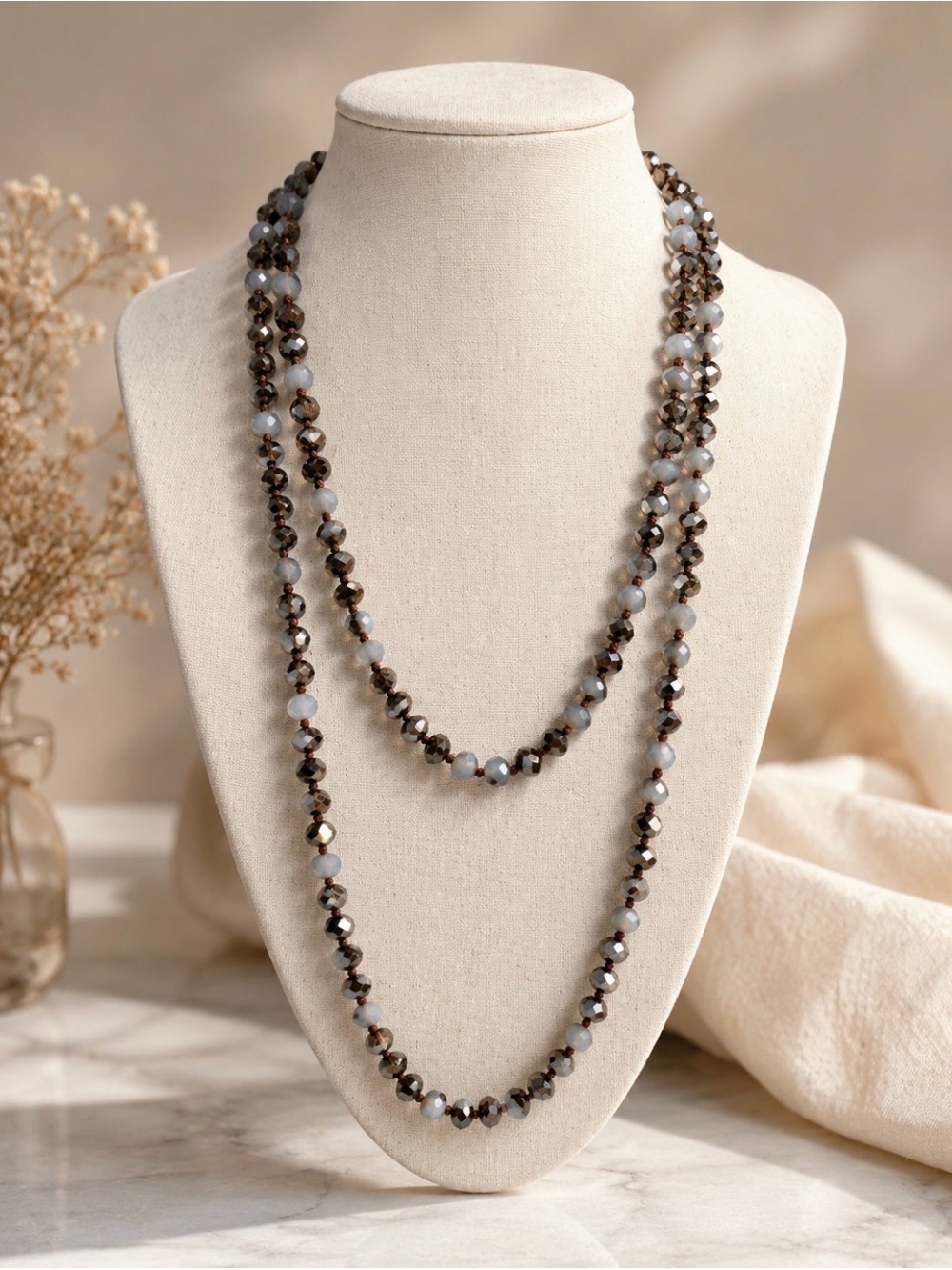 Double Strand Gray and Brown hand tied crystal  Necklace